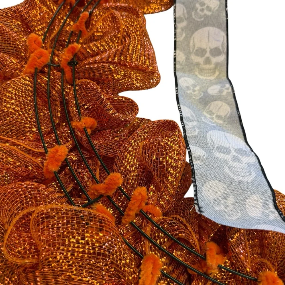 Halloween Orange Deco Mesh Wreath with Skull Ribbon – 24″